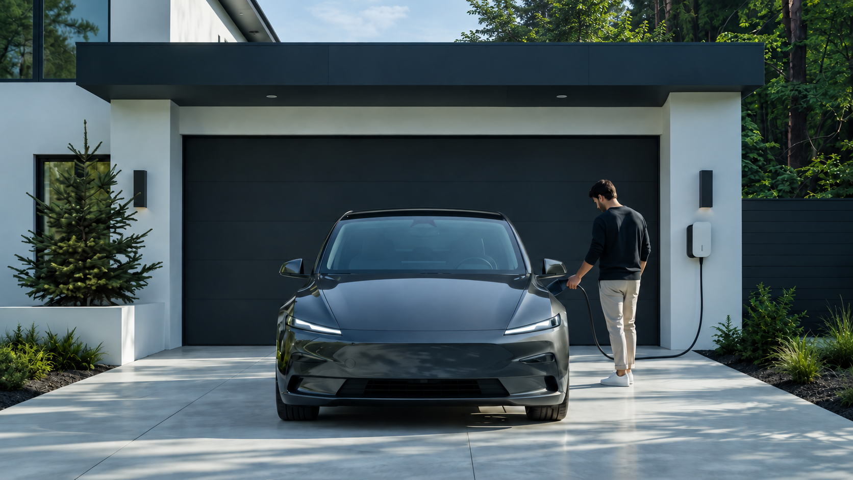 Casa con coche eléctrico y punto de recarga