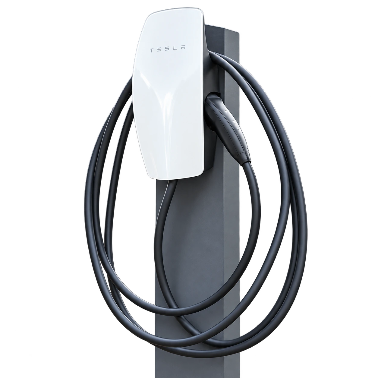 Cargador Tesla con soporte y cable enrollado