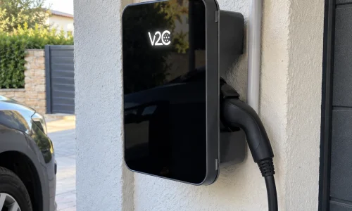 Cargador V2C instalado por Electrocarga en una pared exterior de una vivienda en Galicia